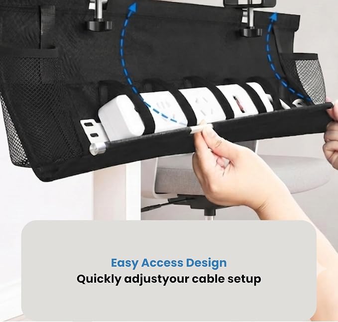Large Under Desk Cable Management Tray, 28", Black Standing Under Cable | No Drill, Fabric Cord Organizer with Reinforced Base, Clamp Mount Wire Management, For Office/Home & Standing Desk