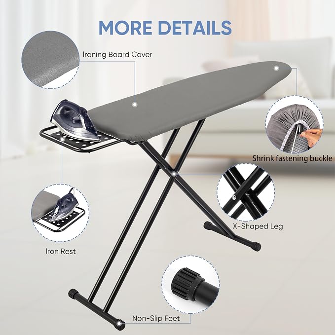 Jakeefud Full Size Ironing Board 47" X 15" with Heat Resistant Cover and Thicken Felt Pad, Safety Iron Rest, Anti-Skid Feet, Height Adjustable, Heavy Duty