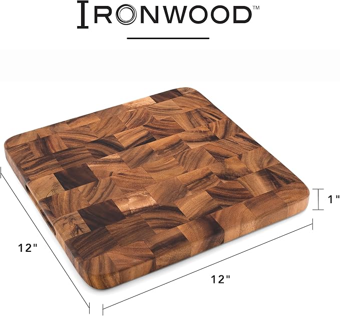 Ironwood Oslo End Grain Square Utility Cutting Board, 12 Inch Square Acacia Wood Cutting Board | Dice, Prep & Serve | Great for Meat & Veggies | Beautiful Acacia Wood | Knife Friendly End Grain Board | Charcuterie Board
