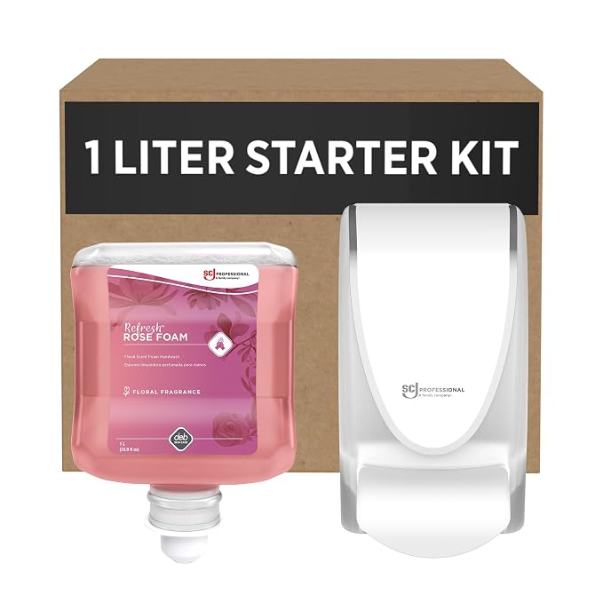 SC Johnson Professional Rose FOAM Dispenser and Refill Starter Kit, Wall Mount Soap Dispenser for Hand Soap, 1 Refresh Rose FOAM Hand Wash, 1 Liter Cartridge, 33.8 fl. oz., for Professional Use Only