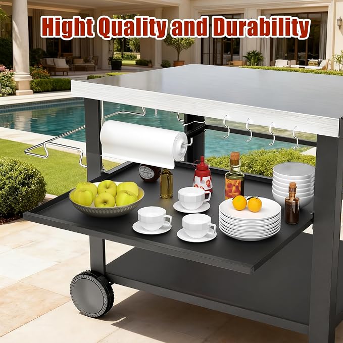 Outdoor Kitchen Island Cart with Side Table | 3-shelf movable prep station for Ninja Woodfire, Blackstone griddles and pizza ovens