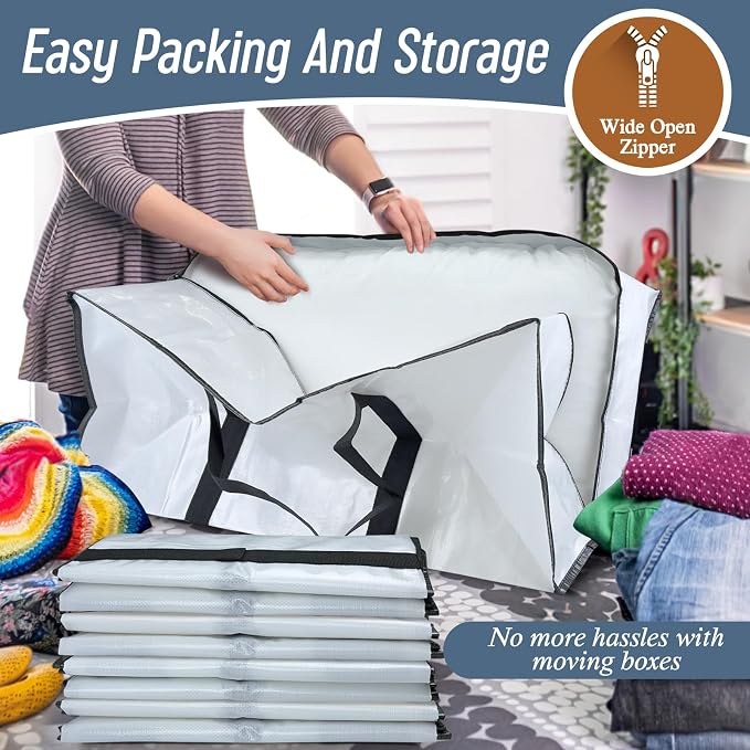 12 Pack Extra Heavy Duty Large Moving Bags with Strong Zipper, White | Comfortable Handles, Sturdy & Durable Clothes Storage Bags Totes Bins, Blue Packing Moving Boxes for College Supplies