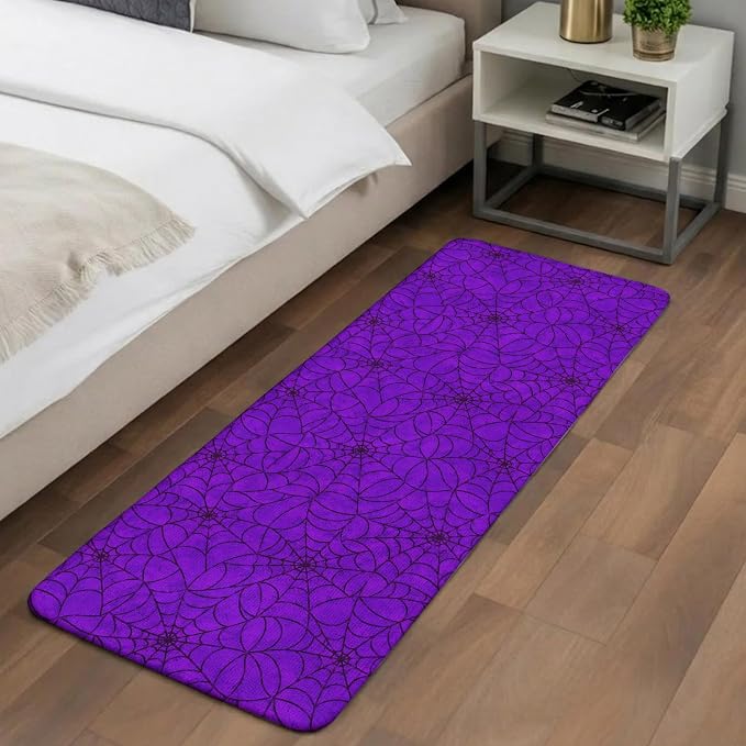 Large Entryway Rug 31.5"x63", Purple Halloween Absorbent Non Slip Indoor Outdoor Floor Mat, Black Spiders Net Classic Gingham Low Profile Area Rug for Front Entrance Mudroom Patio Garage Double Door