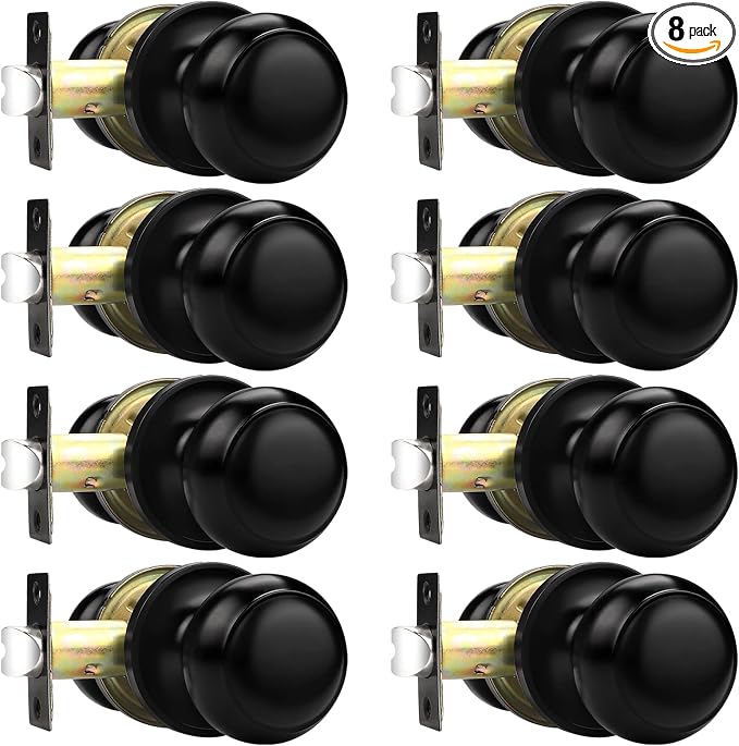 Probrico Hall/Closet Door Knobs in Flat Black Finish,Interior Passage Door Knobs,Round Non-Locking Door Handles, 8 Pack
