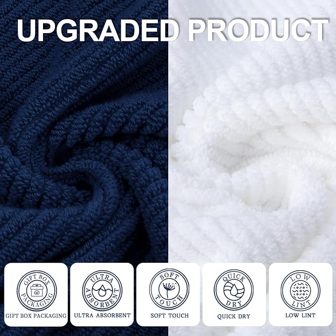 VOOVA & MOVAS 6PC Towel Set, 100% Cotton, Blue White | 2 Large Bath 30x56 In, 2 Hand 18x28 In, 2 Washcloths 13x13 In, Quick Dry, Soft, Thick, Bathroom Essentials