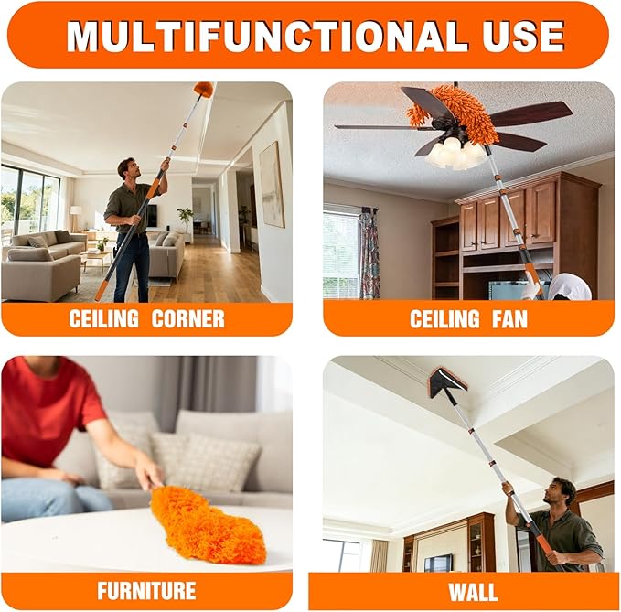 SISUPASSIE 36FT Reach Duster Cleaner Kit, Dusters for Cleaning with Extension Pole, Baseboard & Wall and Window Cleaner Mop for Fan Blades, High Ceiling and Cobweb