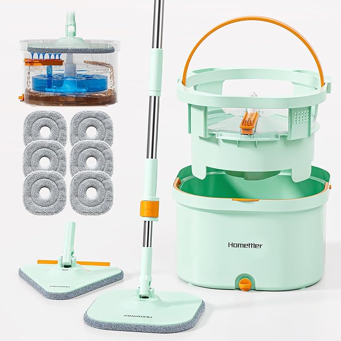 HoMettler Mop and Bucket Set | Spin Mop with Dual-Tank Clean/Dirty Water Separation | 6 Microfiber Pads for Deep-Cleaning Floors | Versatile Mops Triangular Head for Walls