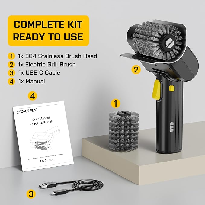 SOARFLY Electric Grill Brush for Outdoor, Cordless Grill Cleaner Brush with 600RPM Motor & 2 Safety Locks, 304 Stainless Steel Brush Head, Lightweight Portable, Grill Cleaning Tools for Barbecue Grate