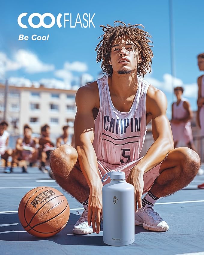Coolflask 128 oz Gallon Water Bottle Insulated with Straw&3 Lids, Water Jug Large Stainless Steel Metal Vacuum Wide Mouth for Sports, Gym or Office, Non-BPA Keep Cold 48H Hot 24H, Light Blue