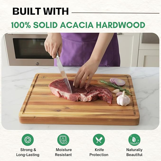 Square Acacia Wood Cutting Boards for Kitchen, 1.5 in Thick Butcher Block Construction for Stability, 14 in Square Cutting Boards with Gift Box, Juice Groove and Handle