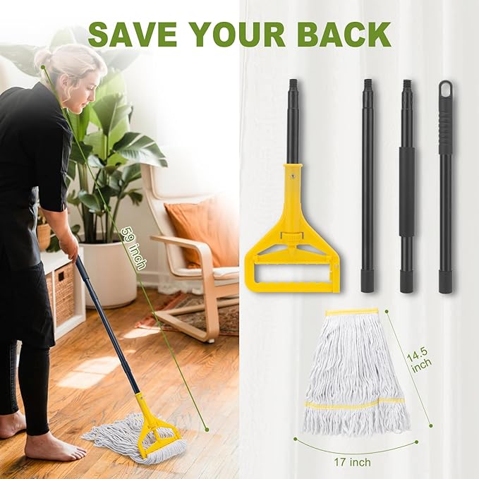 KeFanta 2 Pack Commercial Mop Heavy Duty,60 inch Long Handle Industrial Looped-End String Cotton Wet Mops for Home,Garage,Kitchen, Office, Workshop, Warehouse Floor Cleaning