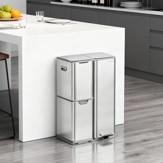 mVm 16 Gal Kitchen Trash Can, 3 Compartment Garbage Can, Heavy Duty Anti Fingerprint Brushed Recycling Bin for Office Home（Tin）