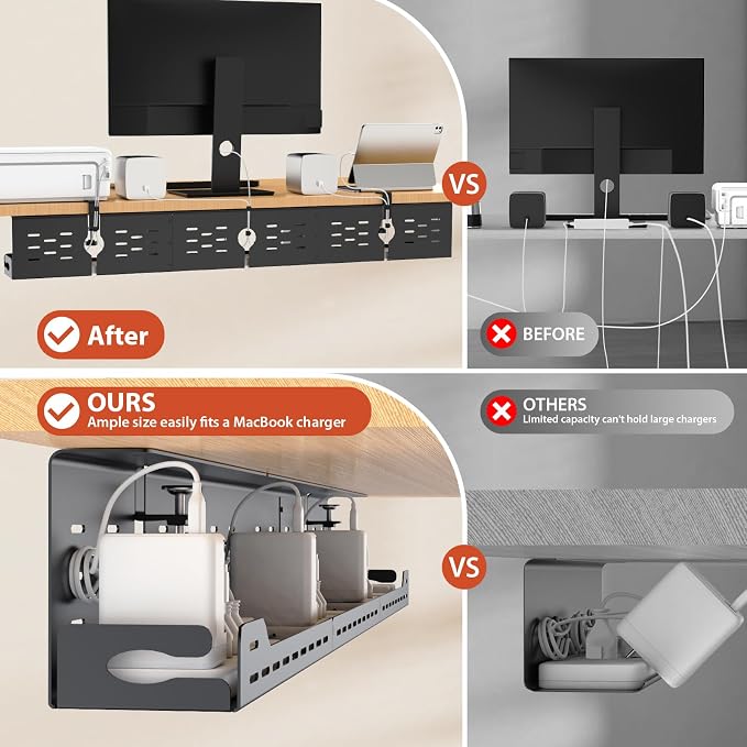 Univivi Under Desk Cable Management Tray - 48" Steel Cord Organizer, No-Drill C-Clamp & Screw Mount for Office/Home, Effortless Wire Management (Black)