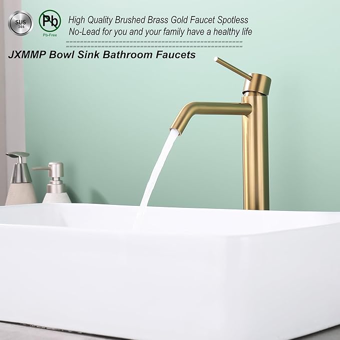 Brushed Brass Vessel Sink Faucet with Pop Up Drain and Supply Lines, Stainless Steel Brass Tall Bathroom Faucet Single Hole, JXMMP Gold Bathroom Faucet for Bowl Sink 1 Hole, JXM1001BTG