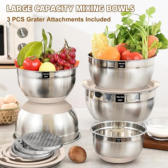 Umite Chef Mixing Bowls with Airtight Lids Set, 8PCS Stainless Steel Nesting Bowls with Grater Attachments, Non-Slip Bottoms, 5, 4, 3.5, 2, 1.5QT for Mixing & Serving