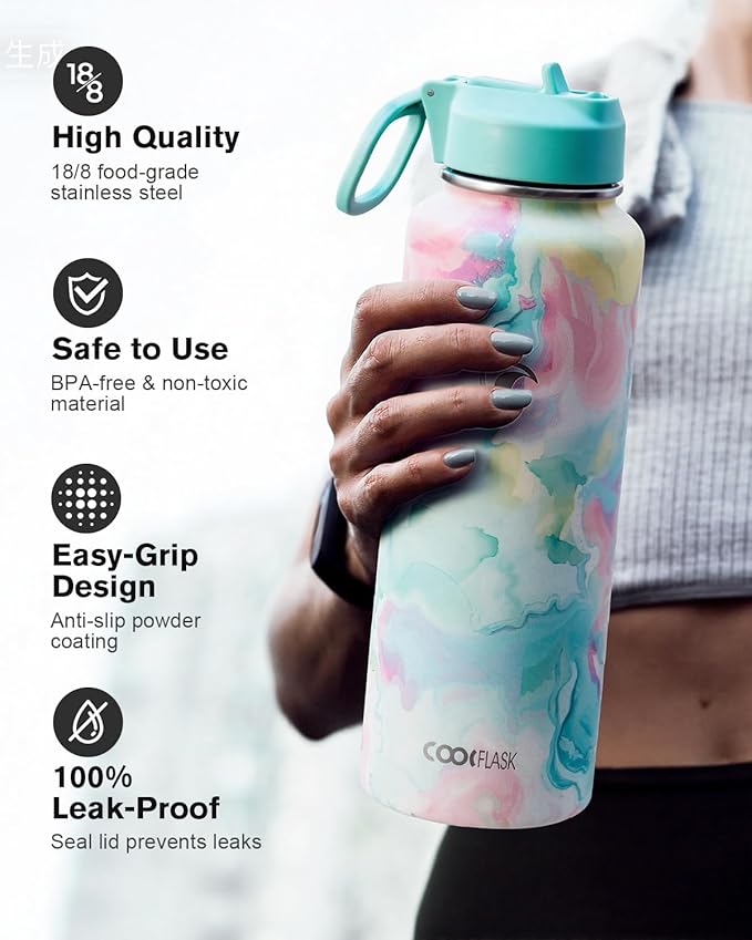 Coolflask Water Bottle Insulated with Straw & 3 Lids, 40 oz Water Jug Large Metal Stainless Steel Wide Mouth for Sports, Gym or Office, Non-BPA Keep Cold 48H Hot 24H, Pastel Sorbet