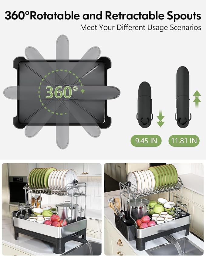 2 Tier Large Stainless Steel Dish Drying Rack with Drain Board | Space Saving, Rust Proof Metal, Automatic Drainage Drainer for Kitchen Counter, Modern Black and Silver for Pots and Pans