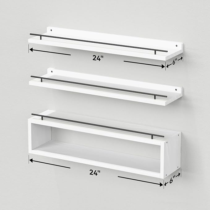 WOPITUES Floating Shelves for Wall 24 inch with Cube Shelf, Wall Shelves with Metal Rail for Bathroom Decor, Bathroom Organizers and Storage, Over Toilet Shelves, Toilet Paper-White