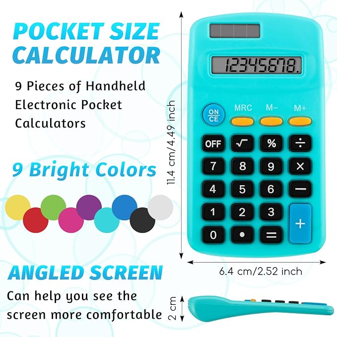 9 Pieces Solar Calculators Bulk - Mini Pocket Calculator for Students, Basic 8-Digit Dual Power (Solar & Battery), Colorful Classroom Supplies for Teachers, School Gifts for Students