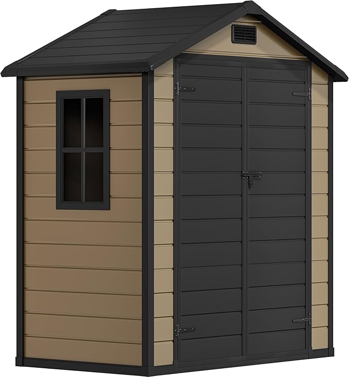 DWVO 6x4 FT Storage Shed Plastic with Floor, Outdoor Storage Shed with Lockable Door, Window and Vents, Waterproof Garden Tool Shed for Patio, Backyard, Lawn