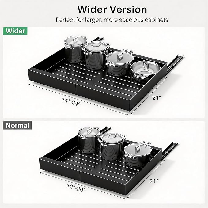 Pull out Cabinet Organizer, Wider Expandable(14"-24") Heavy Duty Slide out Drawers Fixed with Adhesive Nano Film for Pots and Pans, Roll out Shelf Storage for Kitchen Base Organization 2-Pack