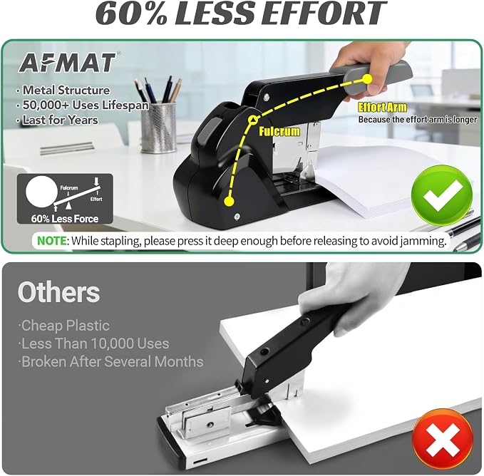AFMAT Heavy Duty Stapler, 210 Sheet Effortless Stapler for Desk, 60% Reduced Effort, Jam Free, 50,000+ Uses, Adjustable Paper Depth, Metal Office Desktop Staplers, Includes 7000Pcs Staples, ES15