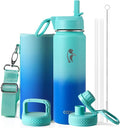 Coolflask Water Bottle 24 oz Insulated with Straw, Stainless Steel Metal 3 Lids Water Flask Wide Mouth for Sports or Office, Non-BPA Keep Cold Up to 48 Hrs or Hot Up to 24 Hrs, Pacific Prince
