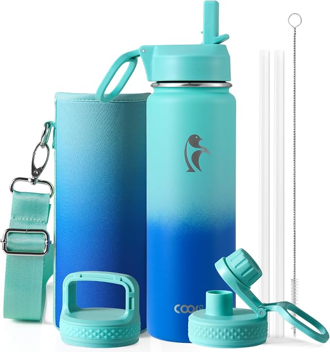 Coolflask Water Bottle 24 oz Insulated with Straw, Stainless Steel Metal 3 Lids Water Flask Wide Mouth for Sports or Office, Non-BPA Keep Cold Up to 48 Hrs or Hot Up to 24 Hrs, Pacific Prince
