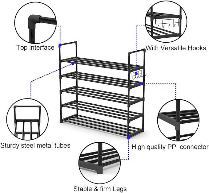 Hsscblet 5 Tiers Metal Shoe Rack,Adjustable Shoe Shelf Storage Organizer with Hooks,Stackable Boot & Shoe Storage,for Entryway,Hallway,Closet,Black