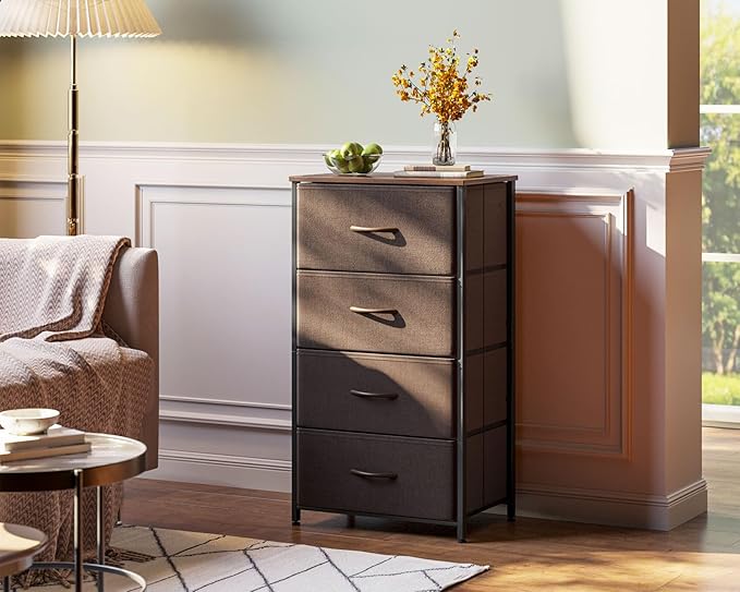AODK Small Dresser for Bedroom with 4 Storage Drawers, Brown | Dressers Chest of Drawers Fabric Dresser with Sturdy Steel Frame, Dressers for Closet with Wood Top