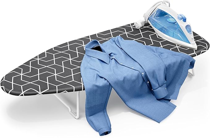 Small Ironing Board top with Heat Resistant Cover, Compact Mini Ironing Board with Metal mesh Frame,for Dorm,Apartment and Travel, Hook for Hanging, Iron Board, Iron Table Stand 12”×30” Dark Gray