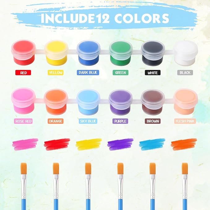 Qilery 840 Pcs Mini Acrylic Paint Set 60 Set 12 Colors Washable Paint Strips 60 Pcs Flat Brushes 60 Pointed Brushes for Arts Crafts Birthday Party Favors(2 ml)