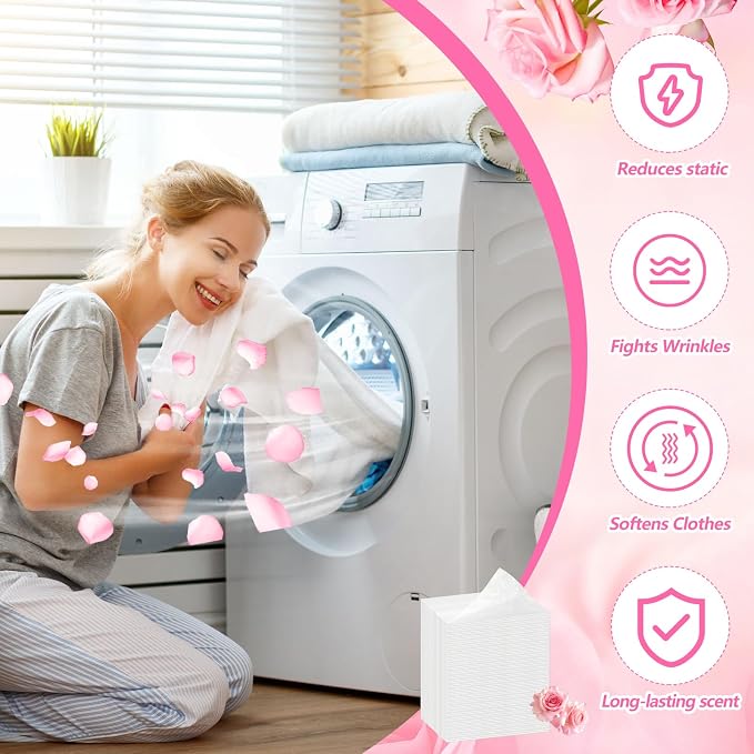 600 Count Dryer Sheets Bulk Fabric Softener Rose Scent Dryer Sheets Naturally Softens and Removes Static Cling, Ideal for Large Households, Sensitive Skin