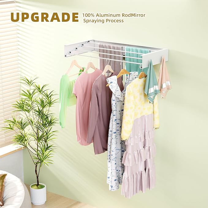 BAKON Wall Mounted Clothes Drying Rack 23.6'',Space Saving for Laundry Room | Heavy Duty Foldable Drying Rack Clothing for Hanging Towel, 60lbs Capacity, 4 Towel Hooks and 4 Rods