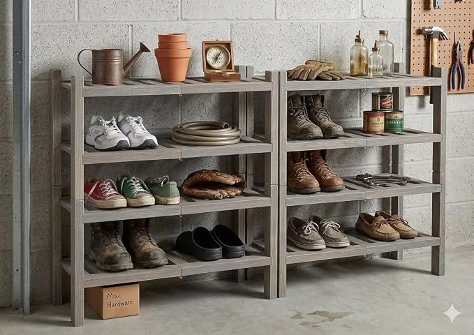 2-Tier Acacia Wood Stackable Shoe Rack - Brush Grey