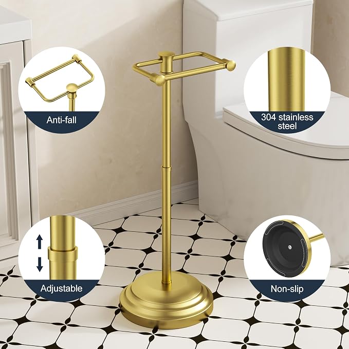Bathroom Toilet Paper Holder Stand, Brushed Gold Toilet Paper Holder Free Standing, Stainless Steel Pivoting Toilet Tissue Roll Holder，Adjustable Height (14.76'' to 23.36'') Paper Holder
