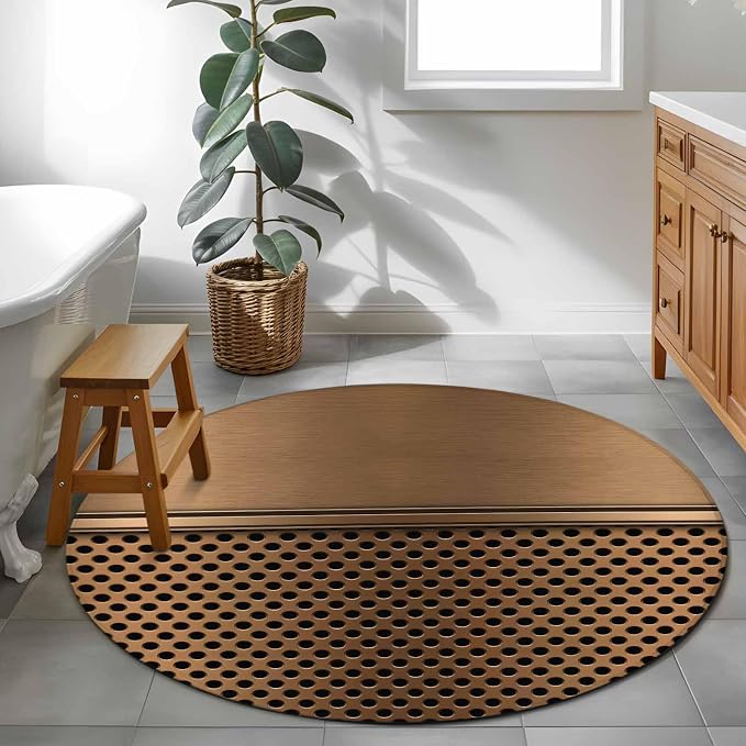 4 Ft Round Rug for Home Office, Brown Metal Hole Indoor Accent Rugs for Living Room, Modern Copper Net Eye Hole Pattern Decorative Circle Carpet Washable Low Pile Non Slip, Soft Rug for Bedroom