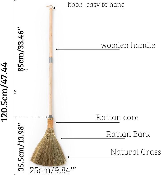 BMart Home Vietnamese Broom, Long Handle Indoor & Outdoor Floor Sweeper, Sturdy Wooden Handle for Strength & Durability, Wedding Broom - 9.84'' Width, 47.44'' Length