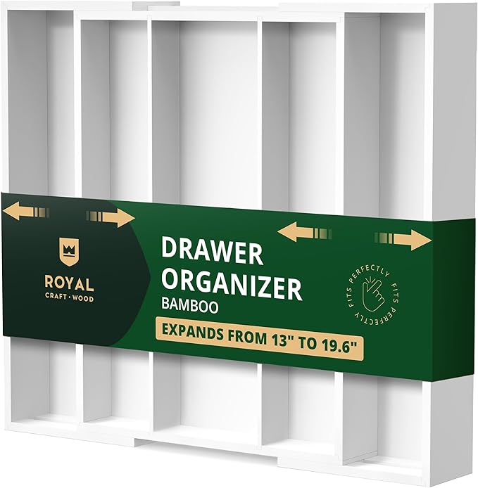 ROYAL CRAFT WOOD Luxury Bamboo Kitchen Drawer Organizer - Silverware Organizer - Utensil Holder and Cutlery Tray with Grooved Drawer Dividers for Flatware and Kitchen Utensils (5 Slot, White)