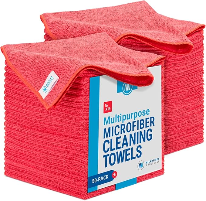 Microfiber Wholesale 16" x 16" All Purpose Towels - 50 Pack - Reusable Wash Cloths, Dust, Kitchen, Car, Shop Rags for Cleaning (Red)