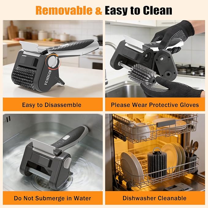 Electric Grill Brush, BBQ Grill Cleaner for Outdoor Grill with LED Light Removable 304 Stainless Steel Brush Head Cordless Grill Cleaning Brush 150 Mins Runtime No Bristle Shedding for Barbecue Grates