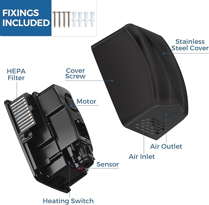 stardrix UL Approved Stainless Steel Bathroom Hand Dryer with HEPA Filter, Heavy Duty Automatic Electric High Speed Hand Dryer for Commercial Restroom, Matte Black