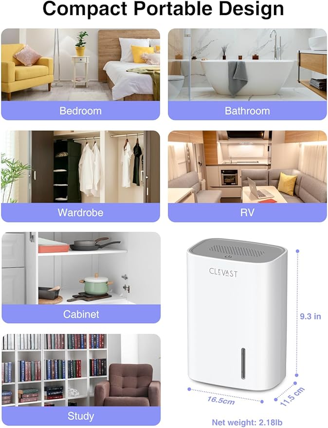 CLEVAST Small Dehumidifier for Home, 30oz Quiet Mini Dehumidifier for Bathroom, Bedroom & Closet, Portable Compact Dehumidifier for RV, Camper