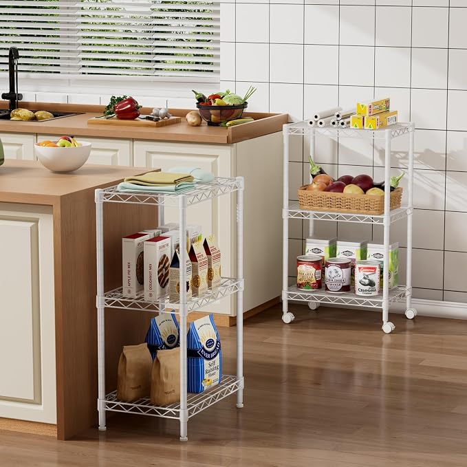 Golpart Small 3 Tier Shelves Storage Wire Shelving Unit Metal Shelf Adjustable Organizers Storage Shelving with Wheels for Bathroom Laundry Room Kitchen Pantry11.7”D x 17.7”W x 30.7”H White
