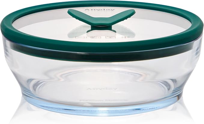 Anyday 4-Cup Glass Food Storage with Lid, Round Shallow Dish (Clear Kale) | Plastic-Free Meal Prep, Microwave Cookware, Stackable Airtight Storage Container, Vented Lid for Microwave-Safe Reheating
