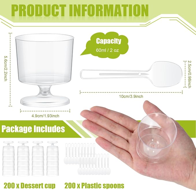 200 Pcs 2 oz Mini Dessert Cups with 200 Pcs Spoons Clear Plastic Mousse Cups Footed Trifle Bowl with Pedestal Fruit Parfait Appetizer Wine Glasses for Serving Party Wedding Birthday