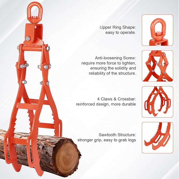 4 Claw Log Lifting Tongs, 32 inch Lumber Skidding Tongs, 3306lbs Capacity Log Grapple Hook, Heavy Duty Steel Timber Logging Grabber, Logging Tongs for Tractors Timberjacks Trucks Skidder Forklifts