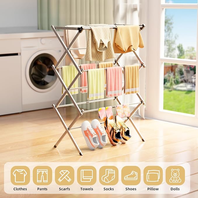 BAKON Clothes Drying Rack Foldable for Laundry, Collapsible Portable Drying Rack Clothing for Hanging Clothes Towel, Space Save for Indoor Outdoor Travel (Gray)