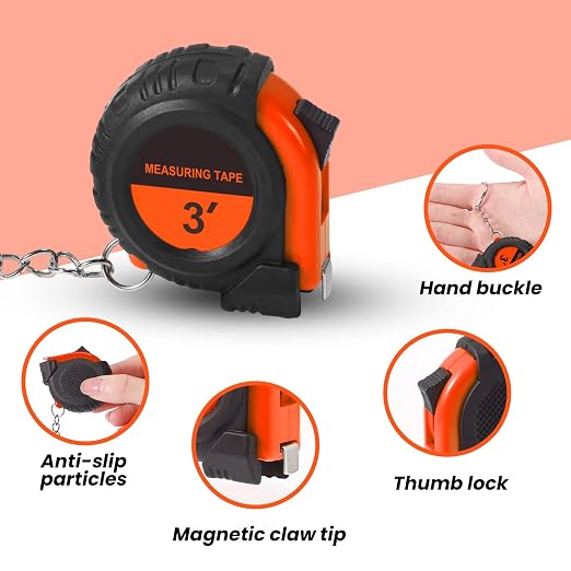Xuhal 50 Pcs Mini Measuring Tape Keychains Small Measuring Tape Bulk Set 3ft Retractable Measurement with Pause Buttons for Engineer Crafter, Autowind and Lock(Orange)