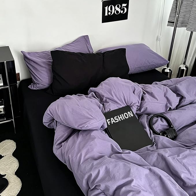 mixinni Solid Purple Duvet Cover Set Queen Size - 100% Washed Cotton 3-Piece Minimalist Bedding Set, Ultra Soft Breathable Solid Color Purple Comforter Cover with Zipper & Corner Ties, King Size